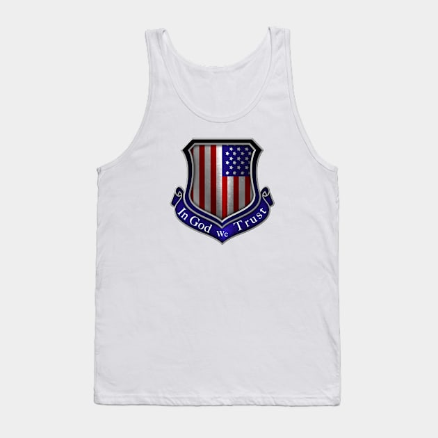 In God We Trust American Flag Shield Tank Top by DrewskiDesignz